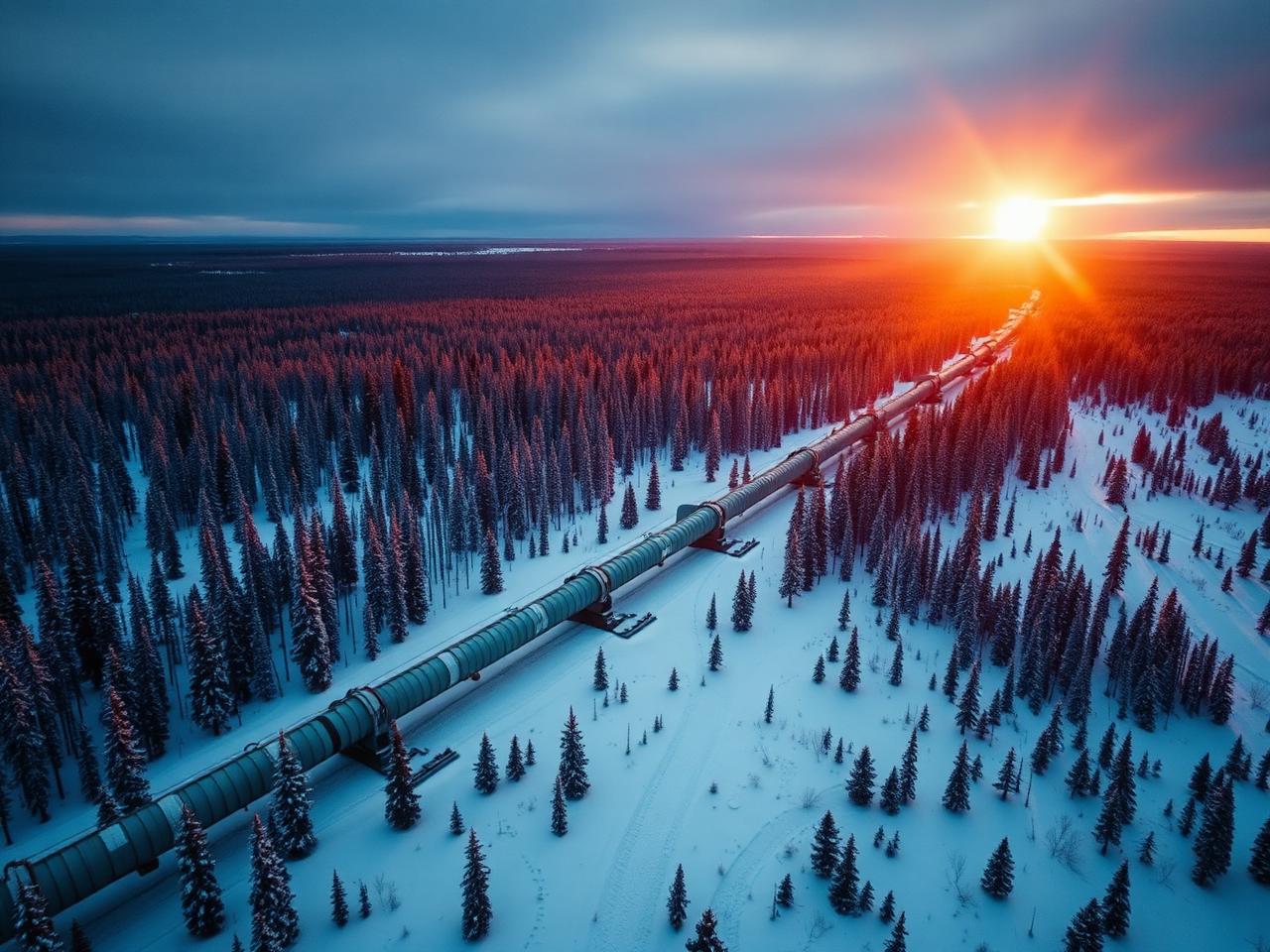 Aerial view of a pipeline crossing snowy boreal forest at golden hour