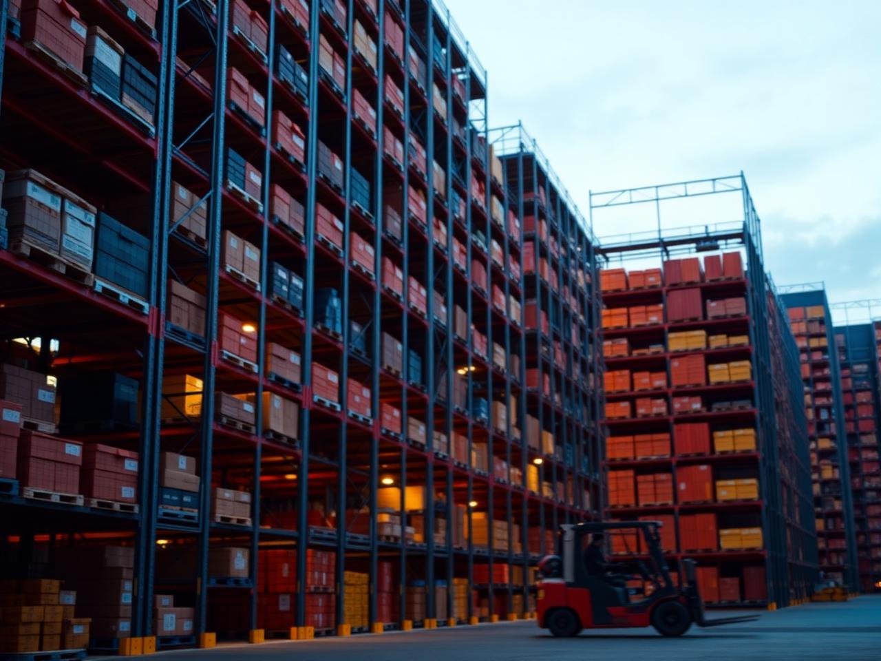 Modern high-rack distribution warehouse at twilight