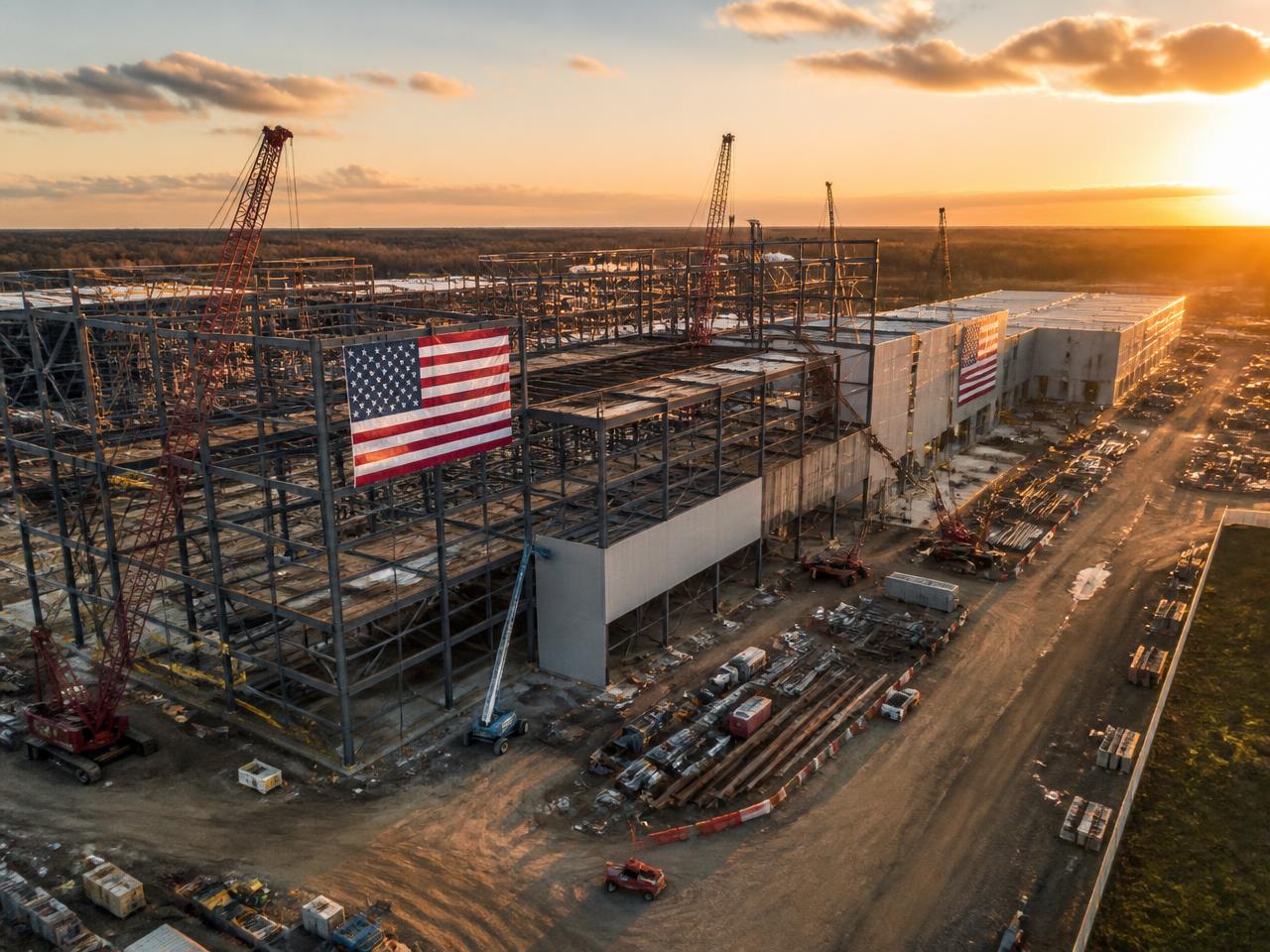 Aerial view of an American manufacturing plant under construction at sunset