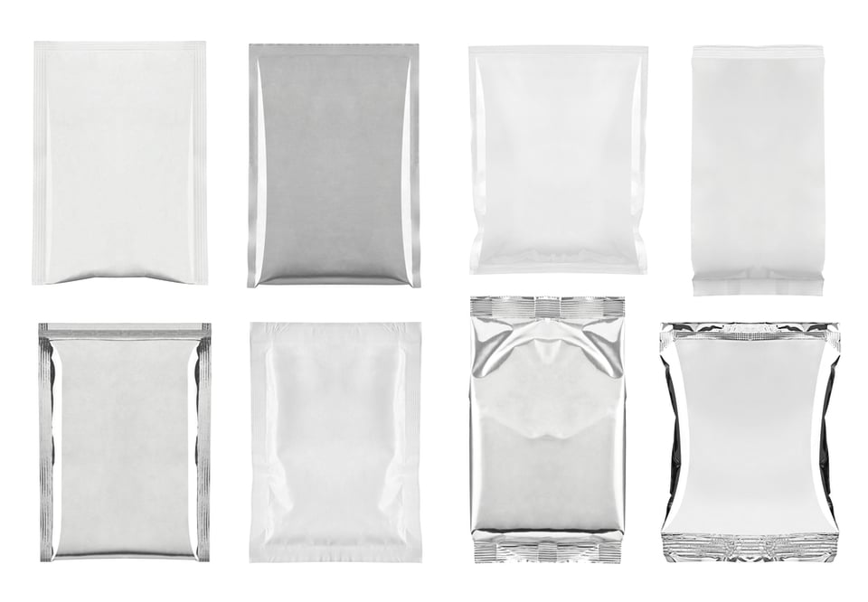 collection of various white and aluminum bag and packages on white background. each one is shot separately