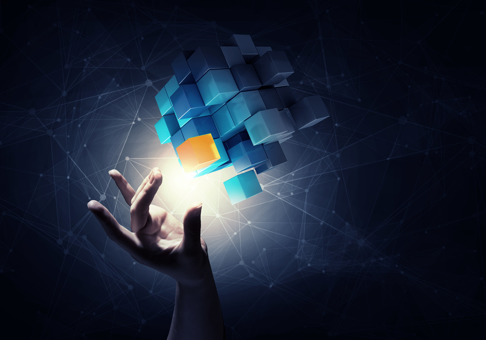 Businesswoman hand touch cube as symbol of problem solving-1 Businesswoman hand touch cube as symbol of problem solving-1