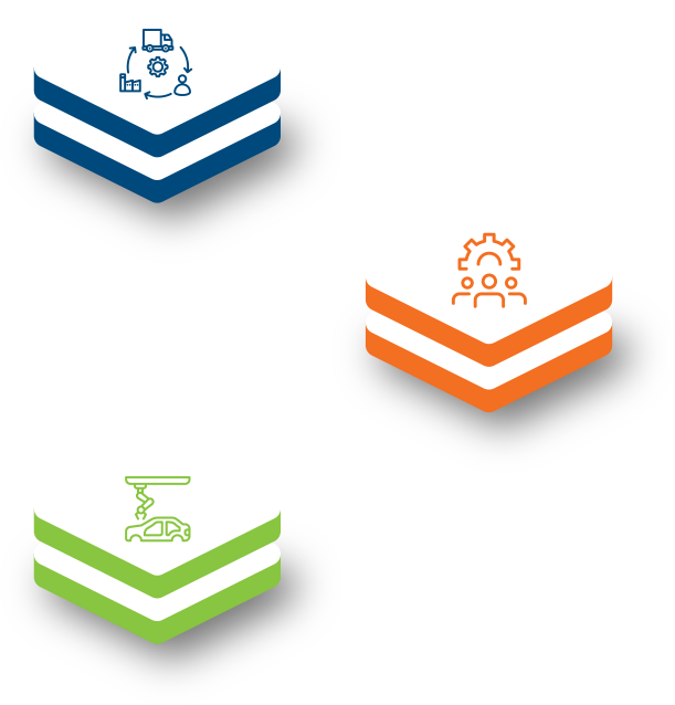three cubes, blue, orange and green showing business management processes
