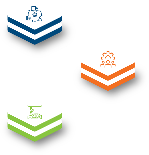 three cubes, blue, orange and green showing business management processes